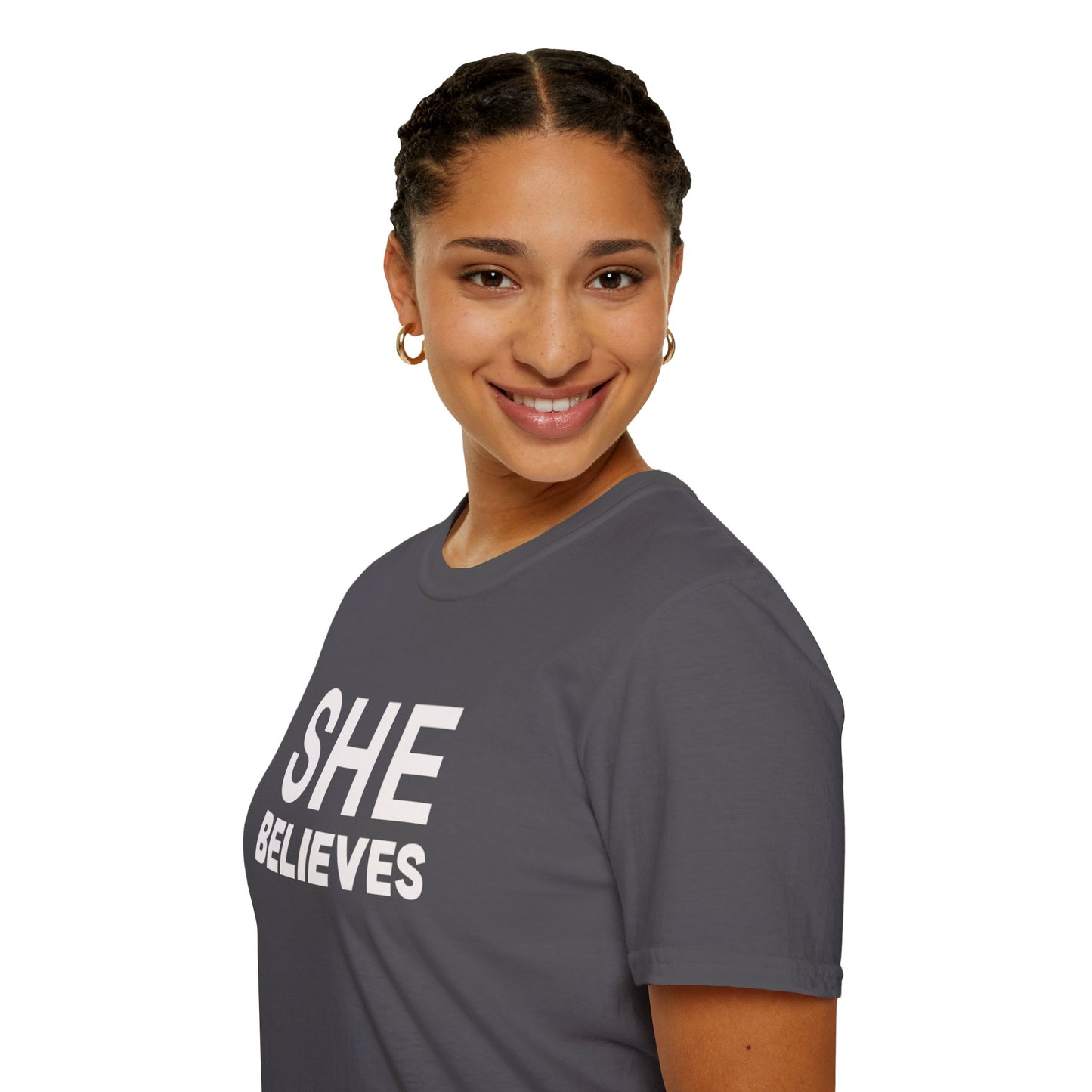 SHE BELIEVES Signature Tee — Charcoal Gray