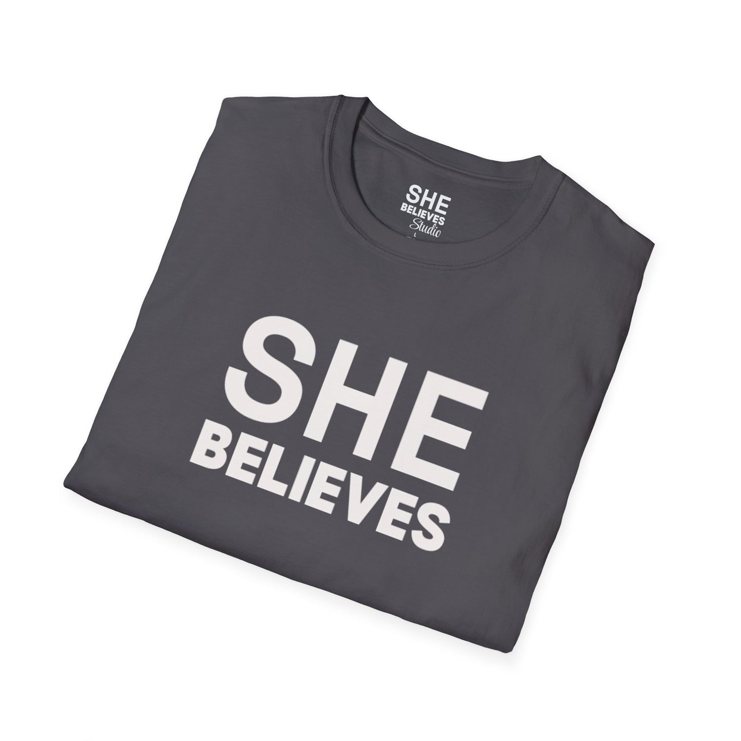 SHE BELIEVES Signature Tee — Charcoal Gray