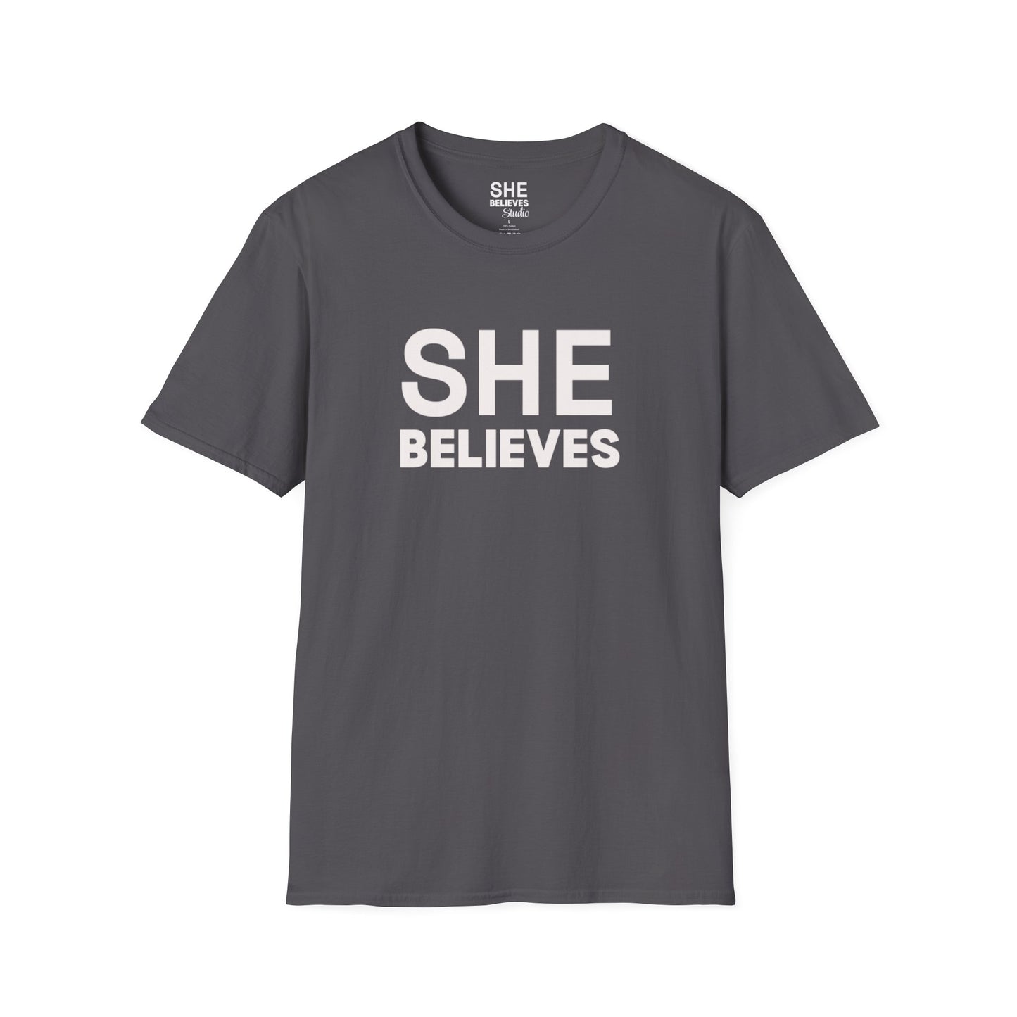 SHE BELIEVES Signature Tee — Charcoal Gray