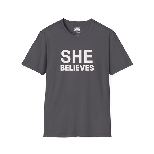 SHE BELIEVES Signature Tee — Charcoal Gray