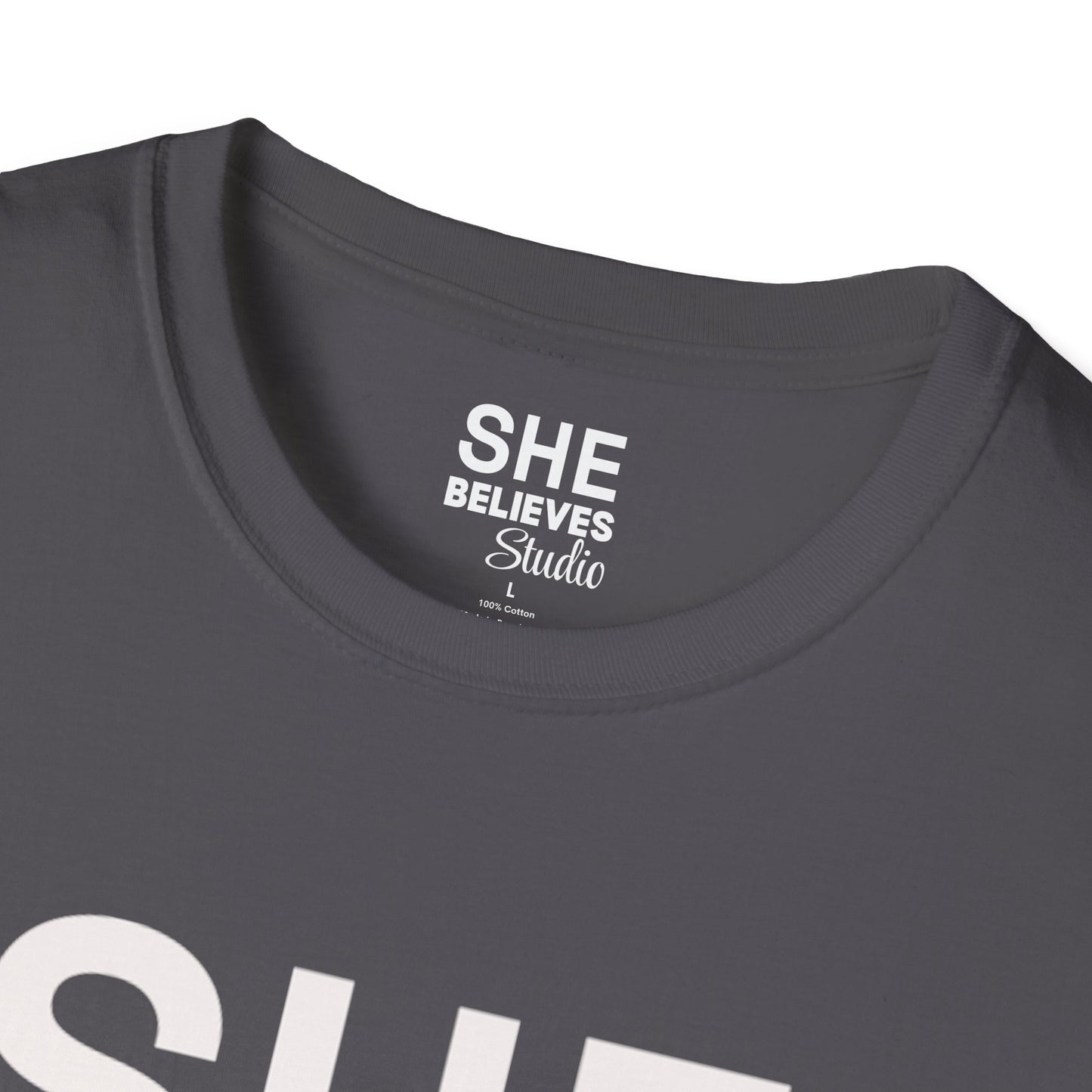 SHE BELIEVES Signature Tee — Charcoal Gray